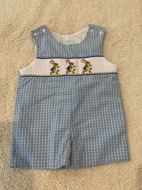 Classic Whimsy Blue Gingham Smocked Peter Rabbit Shortall Romper 18M